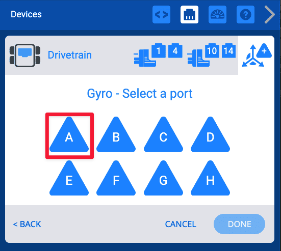 หน้าต่างการเลือกพอร์ตจะอ่านว่า Gryo เลือกพอร์ต (Gryo Select a Port) ที่ด้านบนและแสดงตัวเลือกสำหรับพอร์ต A ถึง H ในปุ่มสามเหลี่ยม 2 แถว 4 ปุ่ม โดยมี A อยู่ที่มุมซ้ายบน พอร์ต A จะถูกเน้นด้วยกล่องสีแดง