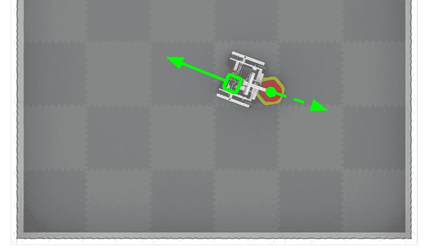 Une vue de dessus du terrain. Le capteur est orienté derrière le robot, ce qui est indiqué par une flèche verte continue. Le point de référence du robot se trouve sur le côté opposé, représenté par une flèche verte en pointillé.