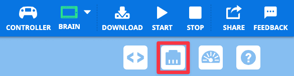 A VEXcode V5 eszköztár piros mezőben kiemelt Eszközök ikonnal. Az eszközök ikonja a Code Viewer gomb és a Monitor gomb között található.