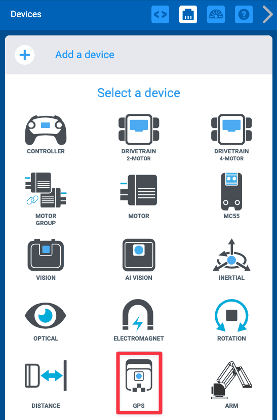 Options des appareils qui peuvent être ajoutées à la configuration, avec l'option GPS mise en évidence dans un cadre rouge. Le GPS est situé au centre de la cinquième rangée d’options, entre Distance et Armement.
