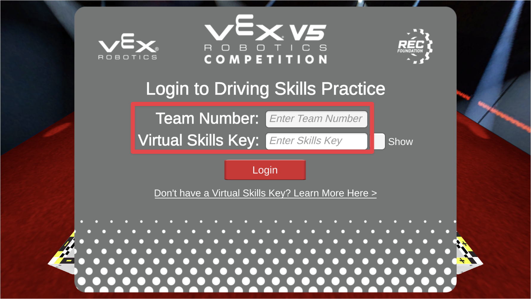 ड्राइविंग कौशल अभ्यास लॉगिन विंडो में टीम संख्या और वर्चुअल कौशल कुंजी फ़ील्ड दिखाई देंगी।