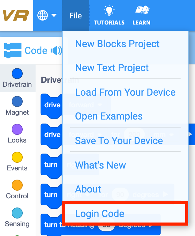 VEXcode VR फ़ाइल मेनू में अंतिम विकल्प, 'लॉगिन कोड' को लाल बॉक्स के साथ बुलाया गया है।