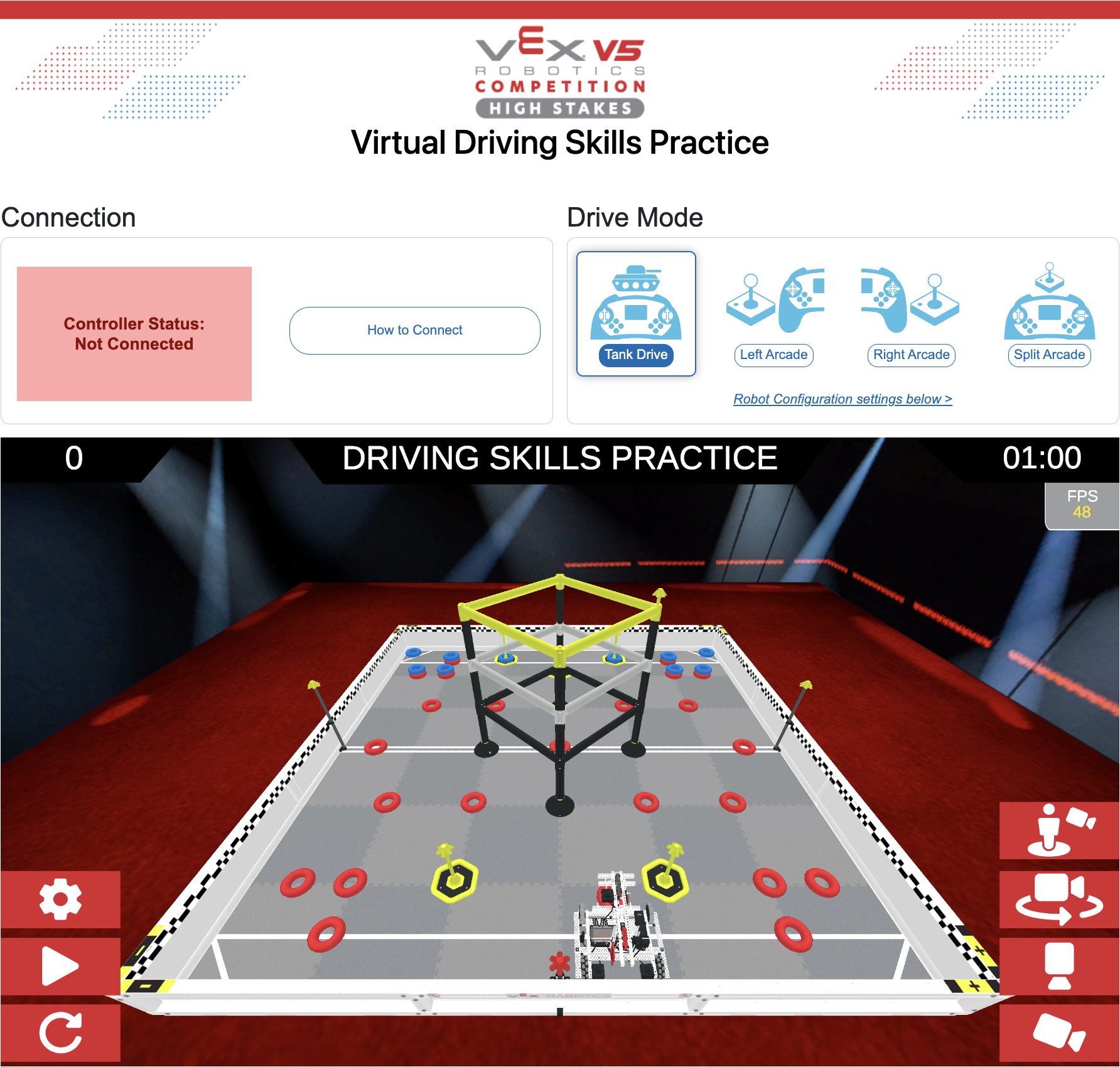 V5RC ड्राइविंग कौशल अभ्यास मैदान खुला और अभ्यास के लिए तैयार है।