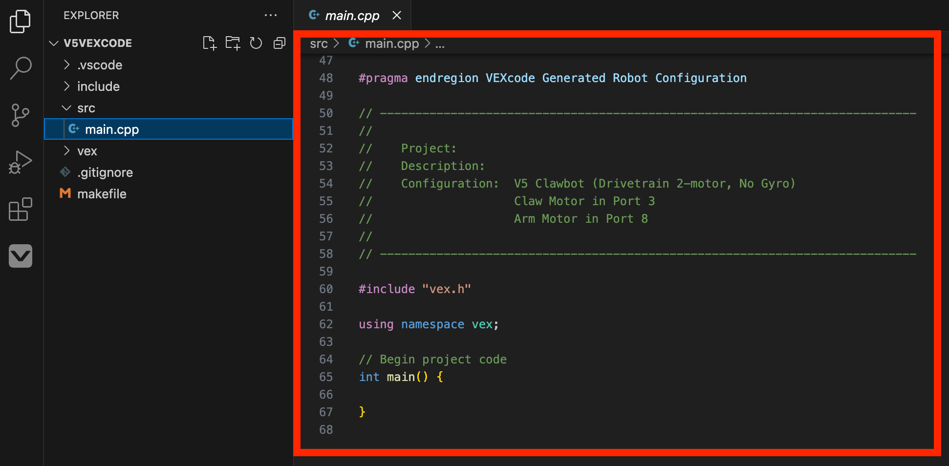Snímek obrazovky rozhraní VS Code Extension pro V5, představující funkce a nástroje dostupné pro vývojáře, včetně úryvků kódu, možností ladění a funkcí správy projektů.