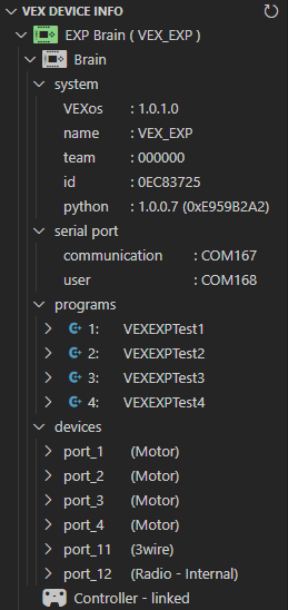 Schermafbeelding van de VEX V5 Code Extension-interface in Visual Studio Code, met de belangrijkste functies en opties voor het programmeren van V5-roboticasystemen.