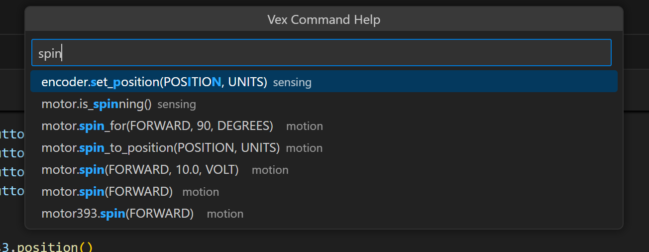 VS Code-zoekbalk met een snelkeuzelijst met overeenkomende VEX Python-opdrachten in VEX Command Help. U typt de term Spin in de zoekbalk en alle opdrachten die deze term bevatten, worden weergegeven.