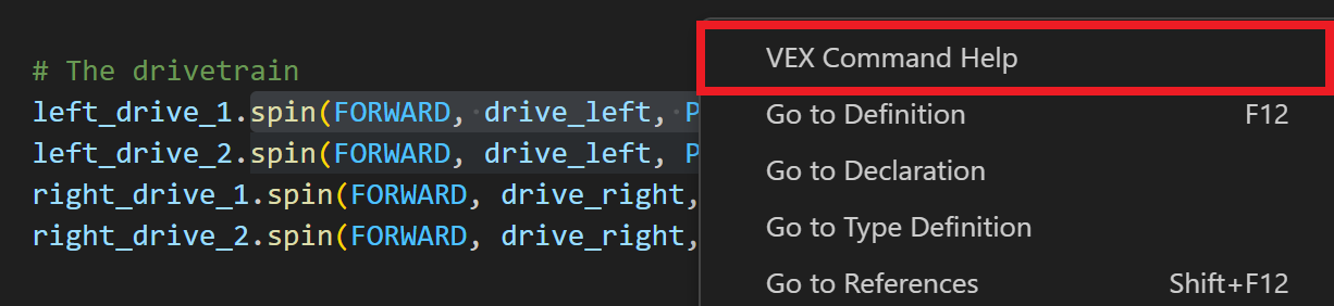 Megnyílt a Python parancs helyi menüje, és a VEX parancs súgója opció van kiemelve.