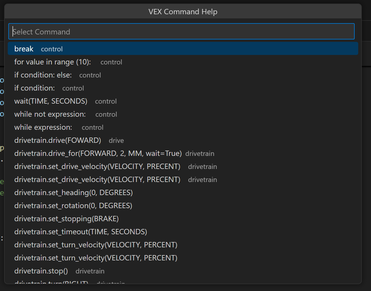 Barra de búsqueda de VS Code con una lista de selección rápida de comandos VEX Python coincidentes en la Ayuda de comandos VEX para ayudar a limitar la búsqueda del usuario.