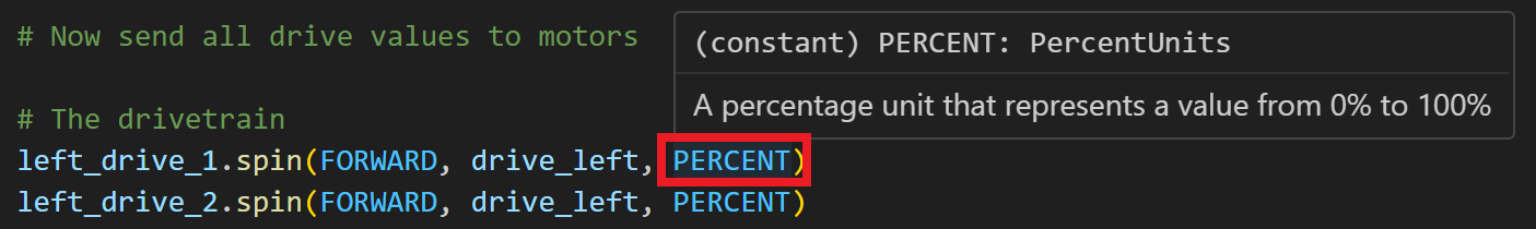 Миша наведена на команду Python у редакторі VS Code, яка відображає PERCENT.