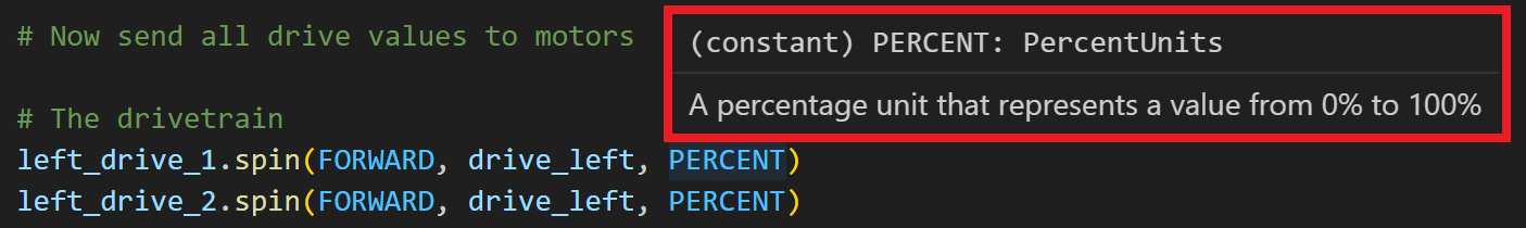Rīka padoma norāde par PERCENT parametru, kas tiek atvērts pēc tam, kad virs tā tiek novietots kursors. Šajā piemērā rīka padoms ir PERCENT, constant, PercentUnits, procentuālā vienība, kas apzīmē vērtību no 0% līdz 100%.