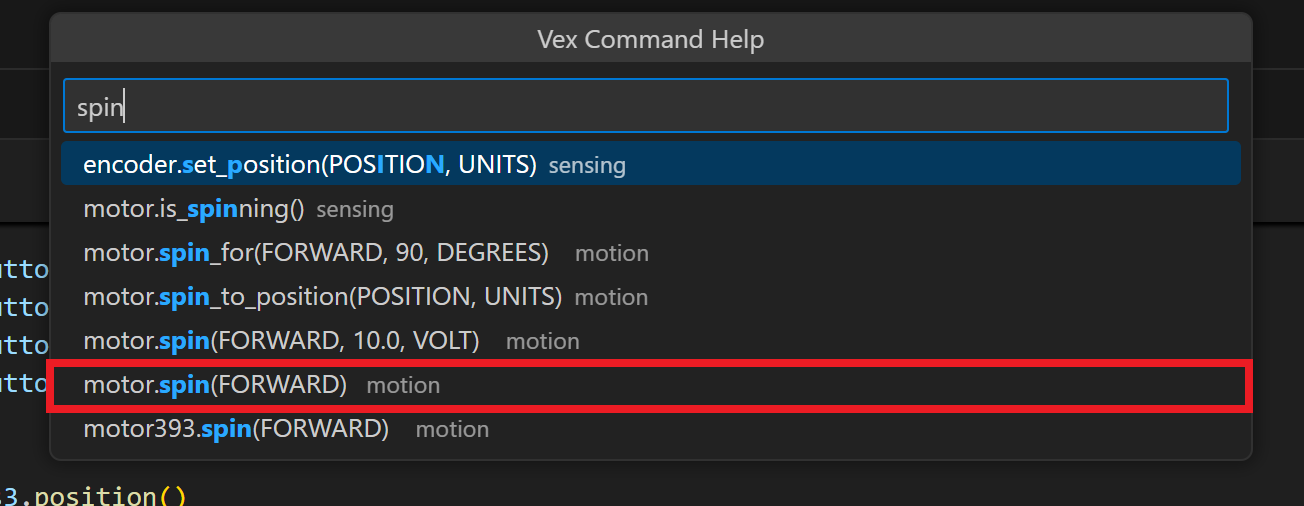 Barra de búsqueda de VS Code con el término Spin escrito en la barra de búsqueda y todos los comandos que contienen ese término mostrados. El comando de Python motor.spin(FORWARD) está resaltado.
