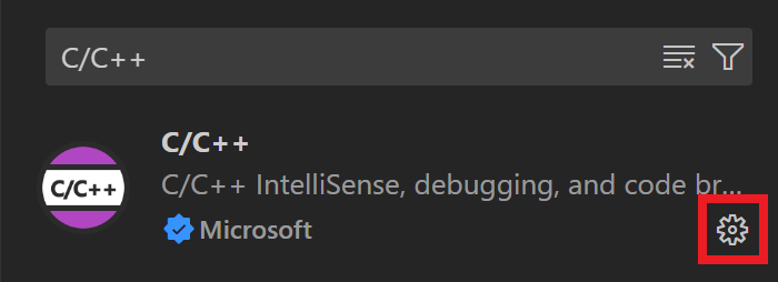Het zijmenu van VS Code Extensions wordt geopend en de Microsoft C/C++-extensie is geïnstalleerd. Het tandwielpictogram 'Beheren' op de extensie is gemarkeerd.