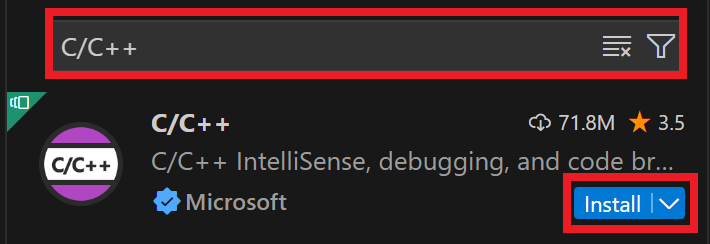 Das Seitenmenü von VS Code Extensions ist geöffnet und in die Suchleiste des Menüs wurde C/C++ eingegeben. Die Suchergebnisse werden unten angezeigt, wobei die Microsoft C/C++-Erweiterung als erste Option aufgeführt ist.
