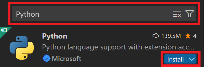 VS Code 확장 프로그램 사이드 메뉴가 열리고 메뉴의 검색창에 Python이 입력되었습니다. 검색 결과는 아래와 같으며, Microsoft Python Extension이 첫 번째로 나열되어 있습니다.