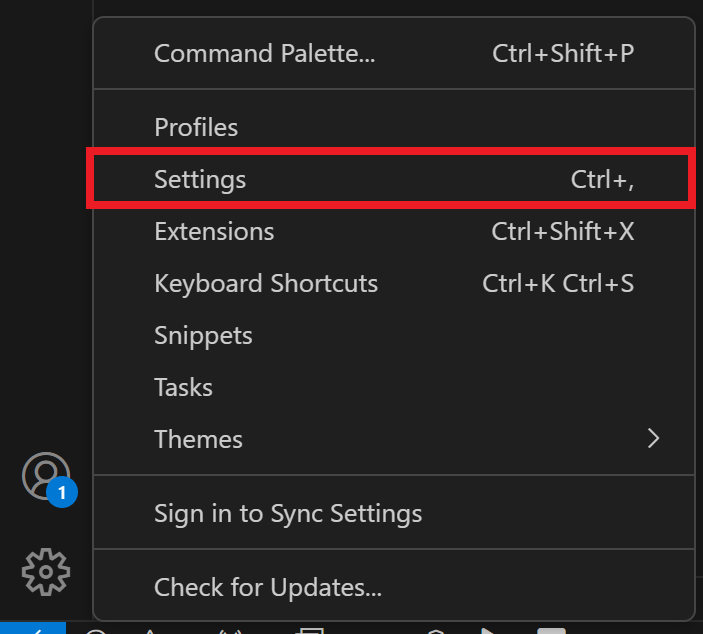 Menú contextual de configuración de código VS con muchas opciones enumeradas. Una opción que lee Configuración está resaltada y es la tercera opción en el menú, debajo de Paleta de comandos y Perfiles.