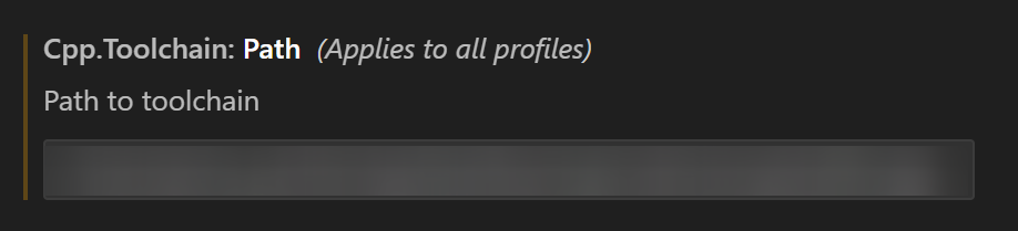VEX felhasználói beállítások a Cpp Toolchain: Path opcióval. Ennél a beállításnál egy szövegmező található, amely egy fájl elérési útját jelöli. A leírás a következőképpen szól: Útvonal az eszközlánchoz.