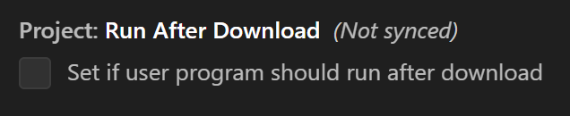 Definições do utilizador VEX com a opção "Executar projeto após o download" apresentada. Esta opção tem uma caixa de seleção que está desmarcada por defeito. A descrição diz: Define se o programa do utilizador deve ser executado após o download.