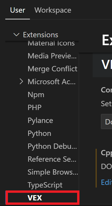 Окно настроек VS Code открыто, и ссылка на страницу VEX в категории «Расширения» выделена.