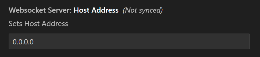 Configuración de usuario de VEX con la opción Dirección de host del servidor Websocket mostrada. Esta opción tiene un campo de texto que se establece en una dirección de 0.0.0.0 de manera predeterminada. La descripción dice Establece la dirección del host.