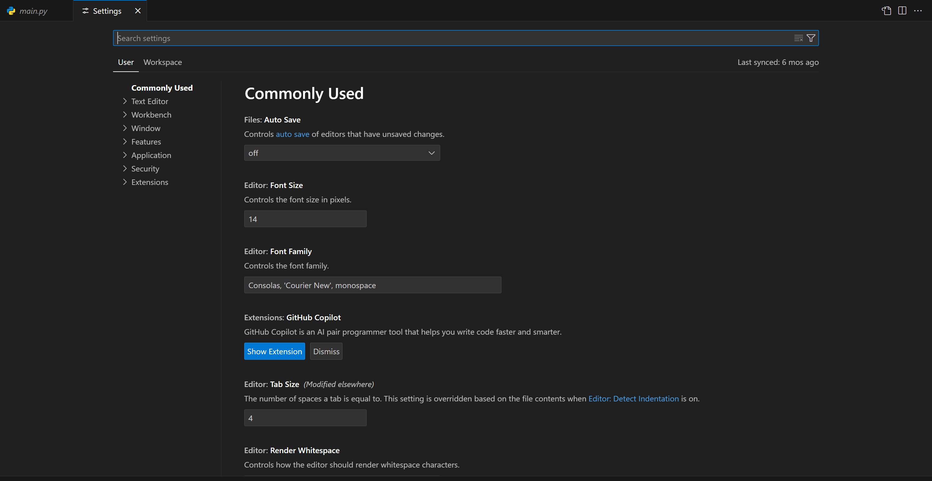 VS Code -asetukset -ikkuna on auki ja näyttää oletusarvoisesti Usein käytetyt asetukset -artikkelin.