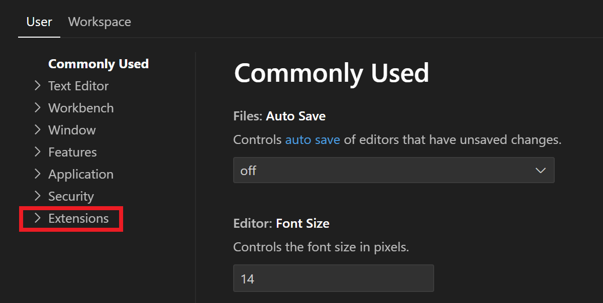 La fenêtre des paramètres de VS Code est ouverte et la catégorie Extensions est mise en surbrillance dans la liste de navigation de gauche.