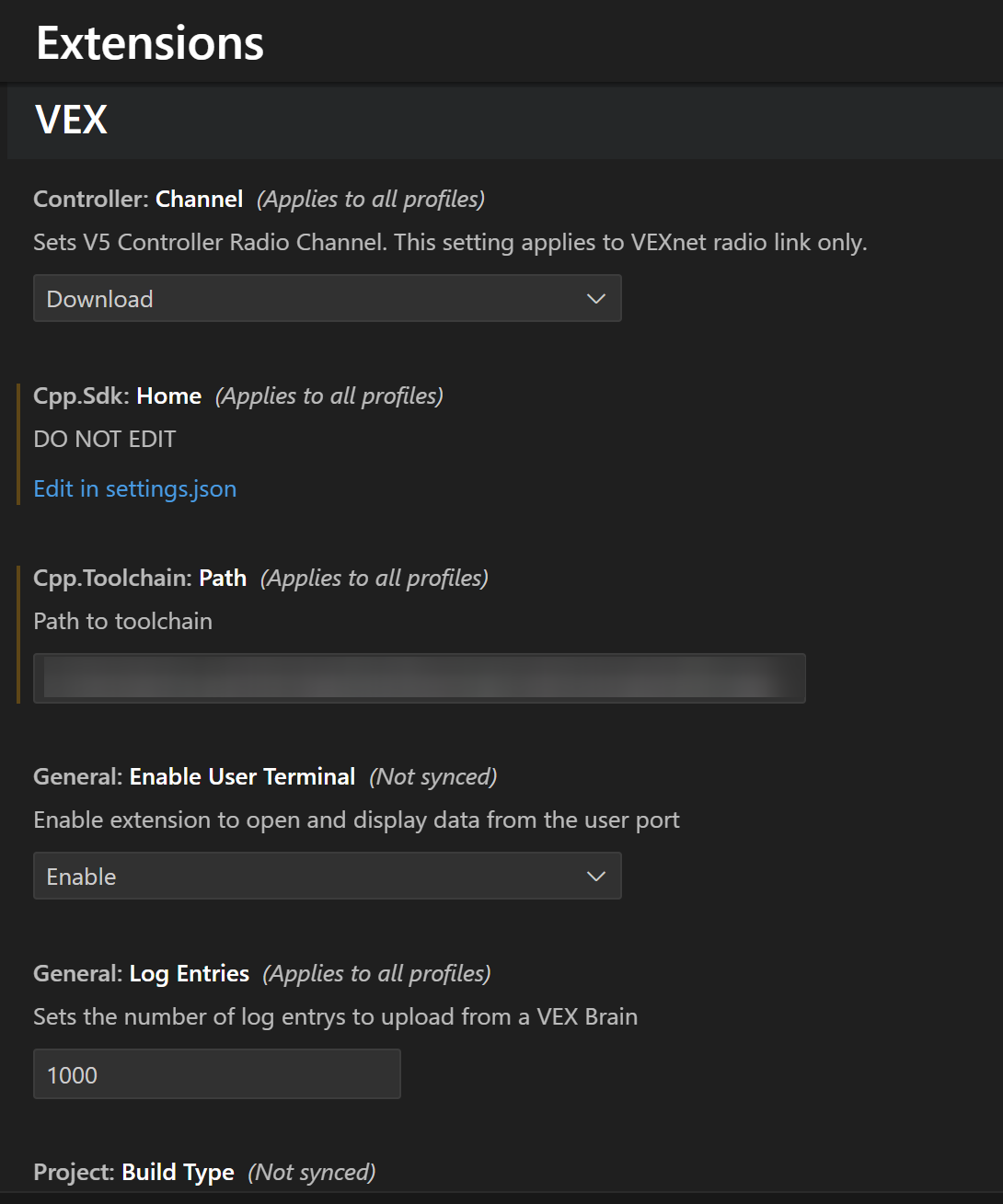 Настройки пользователя VS Code открываются на странице VEX, где можно настроить поведение расширения VEX Robotics.