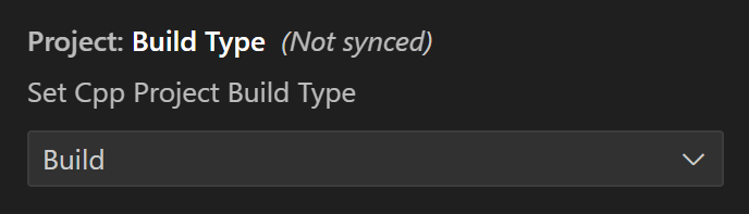 VEX-gebruikersinstellingen met de optie Projectbouwtype weergegeven. Deze optie heeft een vervolgkeuzemenu dat standaard is ingesteld op Bouwen. De beschrijving luidt: Set Cpp Project Build Type.
