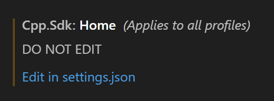 Cpp SDK ホーム オプションが表示された VEX ユーザー設定。 このオプションには、settings.json で編集するというリンクがあります。 説明には「編集しないでください」と書かれています。