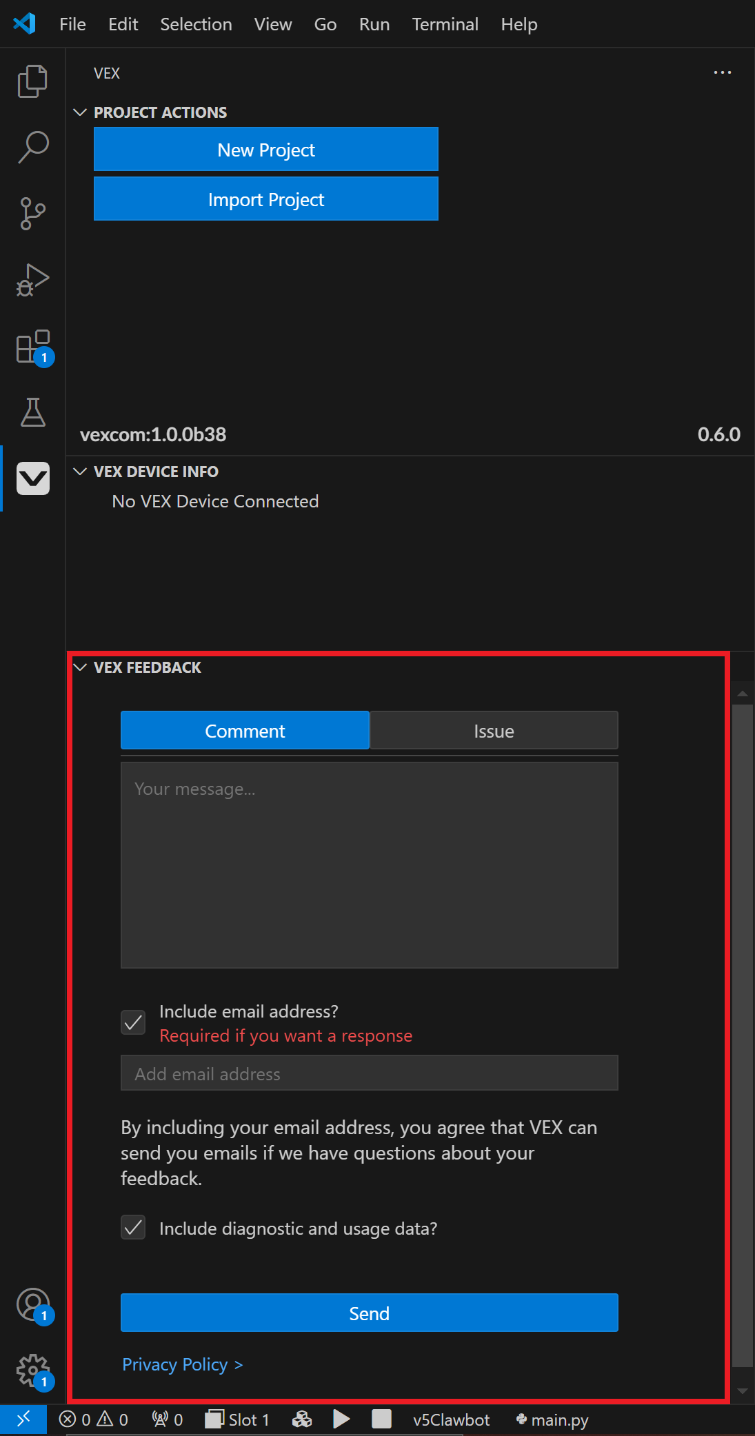 टिप्पणी विकल्प के साथ वीएस कोड विंडो के बाएं हिस्से का एक स्क्रीनशॉट, जिसमें आपकी टिप्पणी लिखने के लिए एक संवाद बॉक्स और ईमेल पता और डायग्नोस्टिक डेटा शामिल करने के विकल्प दिखाई दे रहे हैं। नीचे एक भेजें बटन है।