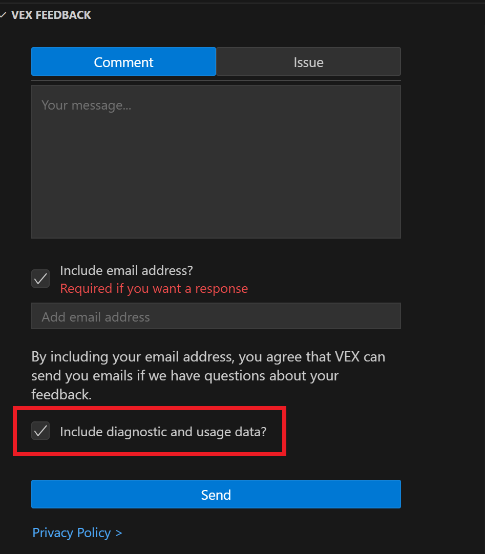 पिछली छवि के समान ही, जिसमें डायग्नोस्टिक और उपयोग डेटा शामिल करें के लिए चेक बॉक्स हाइलाइट किया गया है।