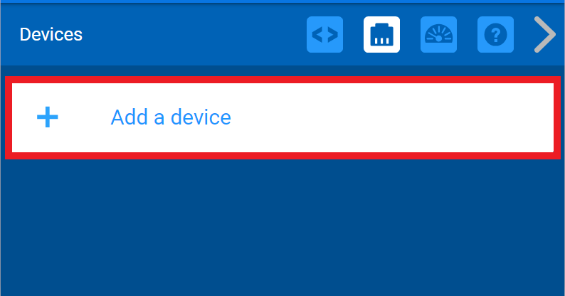 VEXcode EXP डिवाइस मेनू में 'डिवाइस जोड़ें' बटन हाइलाइट किया गया है।