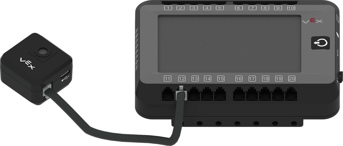 Diagrama que ilustra el sensor de visión de IA para robótica V5, mostrando componentes y funcionalidades clave, incluida la colocación del sensor y los elementos de procesamiento de datos.