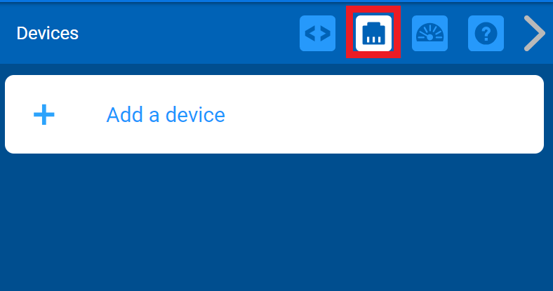 Barra de herramientas VEXcode EXP con el icono Dispositivos resaltado entre los iconos Visor de código y Consola de impresión.