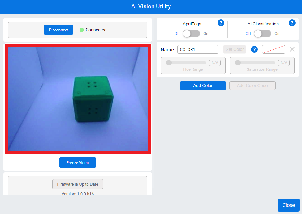 AI Vision Utility dibuka di VEXcode EXP. Tampilan terkini Sensor Penglihatan AI diperlihatkan dan disorot. Di atas, terdapat status Tersambung berwarna hijau yang menunjukkan bahwa koneksi berhasil.
