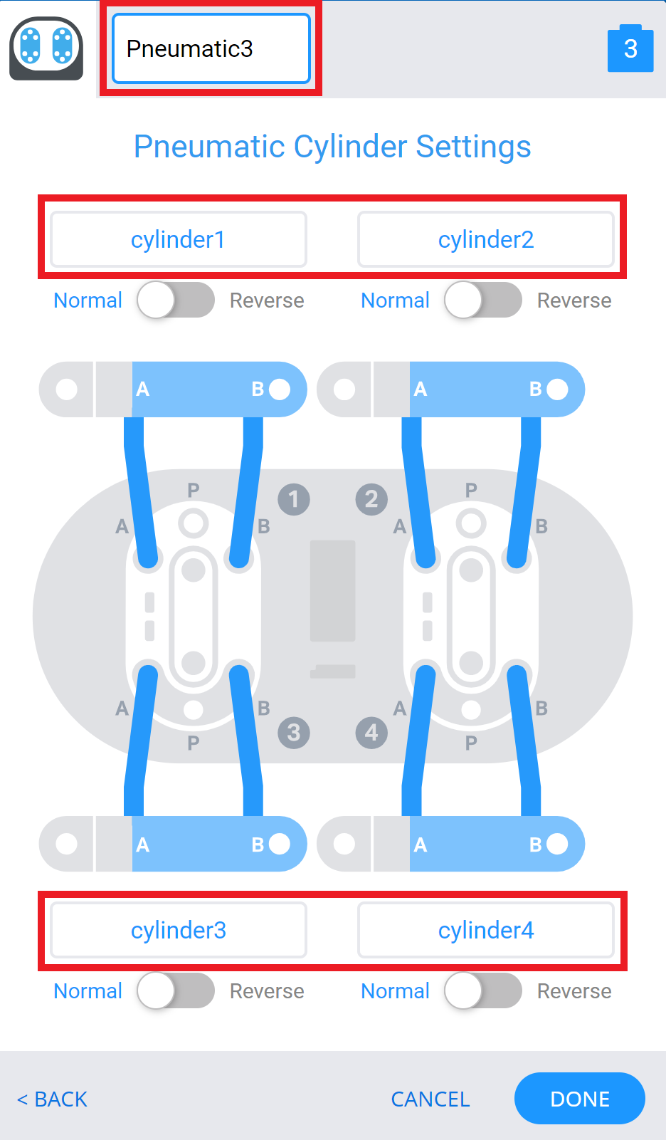 Diagrama, iliustruojanti roboto konfigūraciją CTE (karjeros ir techninio mokymo) reikmėms, kurioje rodomi įvairūs komponentai ir jų jungtys, padedančios suprasti nustatymo procesą.
