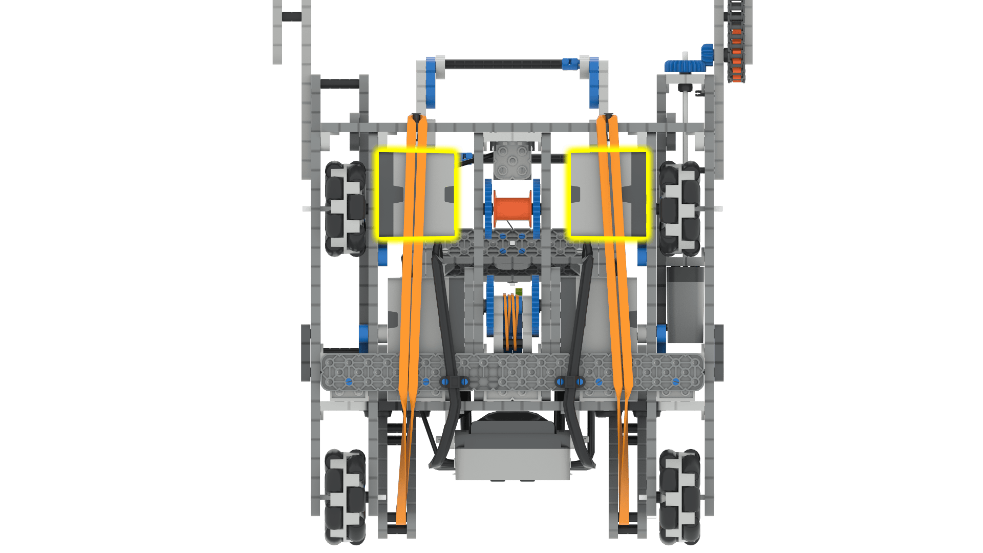 VEX IQ प्रतियोगिता रोबोट के डिजाइन और घटकों को दर्शाने वाला आरेख, विभिन्न भागों और उनके कार्यों को प्रदर्शित करता है, जिसका उद्देश्य रोबोटिक्स में शुरुआती लोगों को शिक्षित करना और प्रतियोगिता मानकों की समझ को बढ़ाना है।