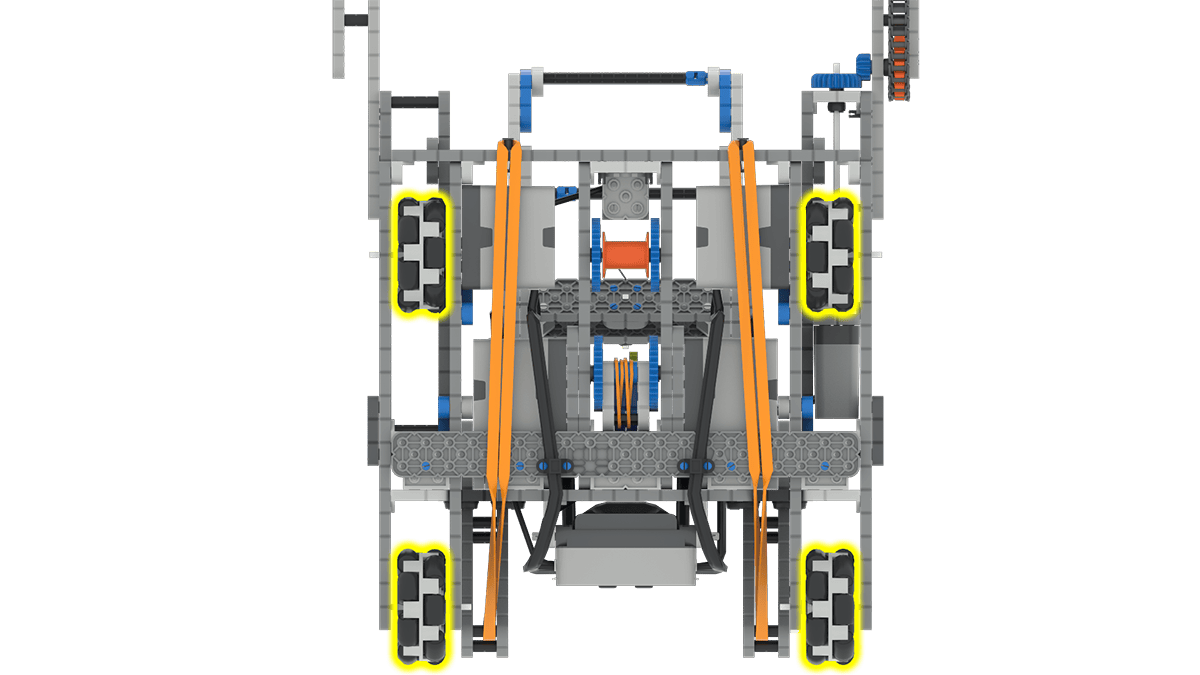 VEX IQ प्रतियोगिता रोबोट की असेंबली को दर्शाने वाला आरेख, रोबोटिक्स प्रतियोगिताओं में इष्टतम प्रदर्शन के लिए प्रमुख घटकों और उनकी व्यवस्था को प्रदर्शित करता है।