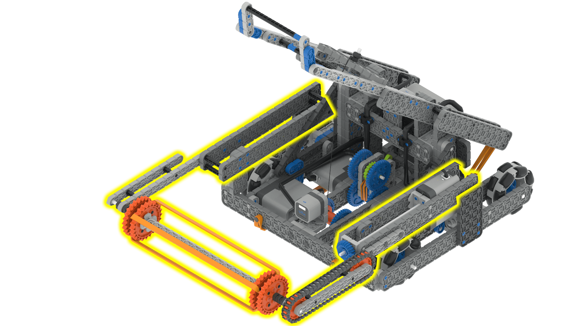 VEX IQ प्रतियोगिता रोबोट के घटकों और संयोजन को दर्शाने वाला आरेख, रोबोटिक्स प्रतियोगिताओं में इष्टतम प्रदर्शन के लिए प्रमुख भागों और उनकी व्यवस्था को प्रदर्शित करता है।