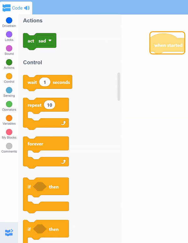 VEXcode 123 इंटरफ़ेस में टूलबॉक्स खुला रहता है और कीबोर्ड का उपयोग कंट्रोल श्रेणी में अलग-अलग ब्लॉकों को स्क्रॉल करने के लिए किया जाता है।