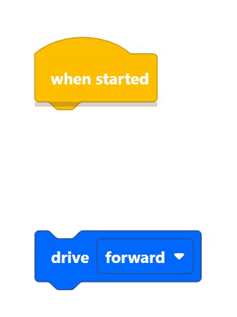 VEXcode 123 इंटरफ़ेस, यह दर्शाता है कि स्टैक के अंत या वांछित अटैच पॉइंट तक पहुंचने के बाद, अटैच पॉइंट को सहेजने के लिए एंटर कुंजी दबाया जा सकता है। इससे पीले रंग का कर्सर बार नीला हो जाएगा, जिससे यह संकेत मिलेगा कि बिंदु सुरक्षित कर लिया गया है।