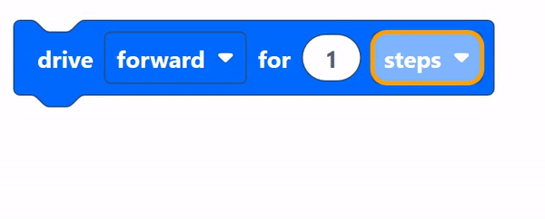 कर्सर ड्राइव फॉर ब्लॉक पैरामीटर्स से होकर यूनिट ड्रॉपडाउन मेनू तक जाता है, तथा उसे खोलता है। W और S कुंजियों का उपयोग मेनू में नीचे जाने और भिन्न इकाई पैरामीटर का चयन करने के लिए किया जाता है।