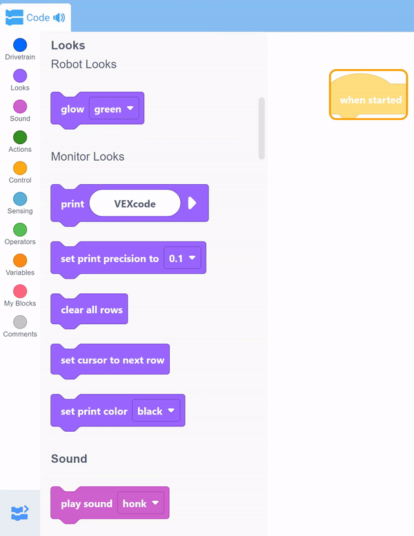 VEXcode 123 इंटरफ़ेस में टूलबॉक्स खुला रहता है और कीबोर्ड का उपयोग प्रत्येक ब्लॉक श्रेणी में स्क्रॉल करने के लिए किया जाता है।