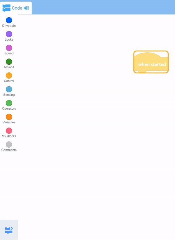 VEXcode 123 इंटरफ़ेस जिसमें कार्यस्थान में When Started ब्लॉक हाइलाइट किया गया है। A कुंजी दबाने के बाद, हाइलाइट किया गया बॉक्स सिकुड़ जाता है, जिससे यह संकेत मिलता है कि स्टैक चयनित है।