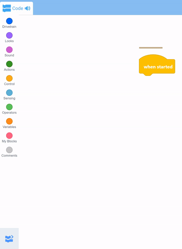 VEXcode 123 इंटरफ़ेस जिसमें पीले कर्सर बार को कीबोर्ड के साथ कार्यक्षेत्र के चारों ओर ले जाया जाता है।