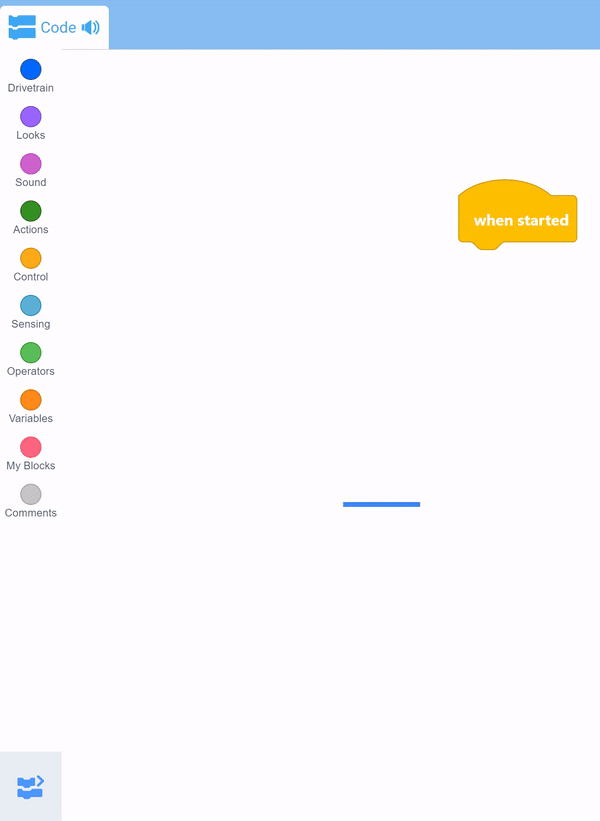 VEXcode 123 इंटरफ़ेस जिसमें टूलबॉक्स खुला है और एक विशिष्ट ब्लॉक चयनित है। ब्लॉक को उसी स्थान पर जोड़ा जाता है जहां कार्यस्थान कर्सर को सहेजा गया था।