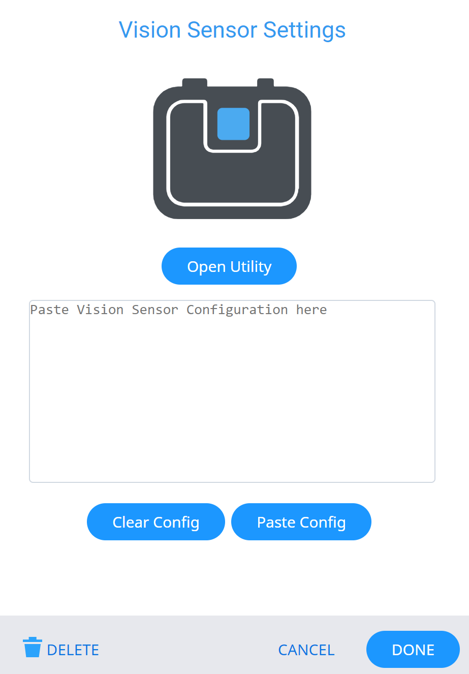 Menu konfigurasi Sensor Penglihatan di menu Perangkat VEXcode IQ. Ada tombol Buka Utilitas di atas kolom input Konfigurasi Sensor.