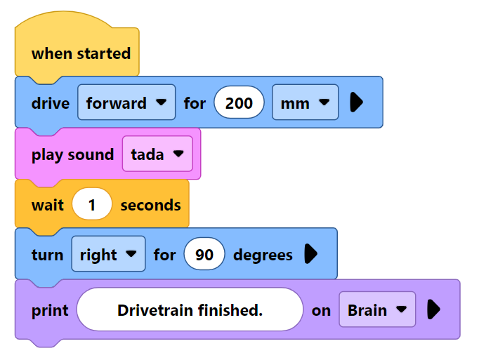 Proyek blok VEXcode IQ dengan blok dari beberapa kategori untuk memamerkan skema warna Kontras Tinggi.