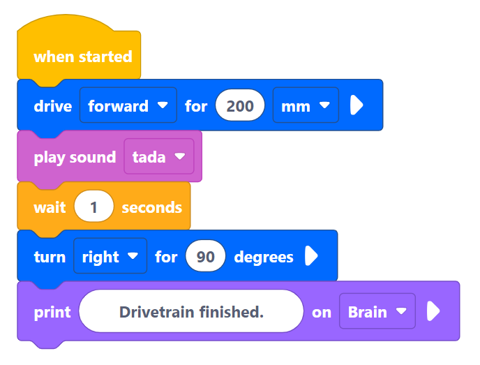 Proyek blok VEXcode IQ dengan blok dari beberapa kategori untuk memamerkan skema warna Default.