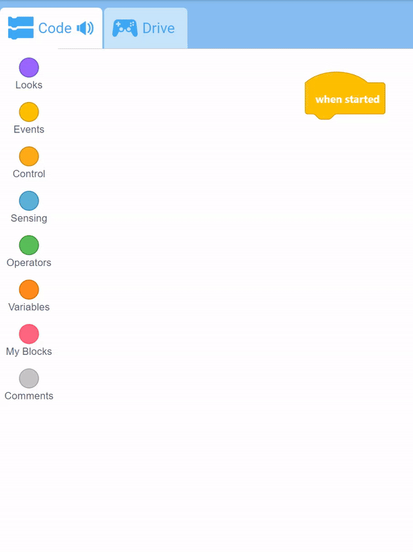 VEXcode GO इंटरफ़ेस जिसमें कीबोर्ड नेविगेशन सक्षम है और सबसे ऊपरी ब्लॉक चयनित है। टूलबॉक्स खोला जाता है और प्रत्येक ब्लॉक श्रेणी में स्क्रॉल करने के लिए कीबोर्ड का उपयोग किया जाता है।