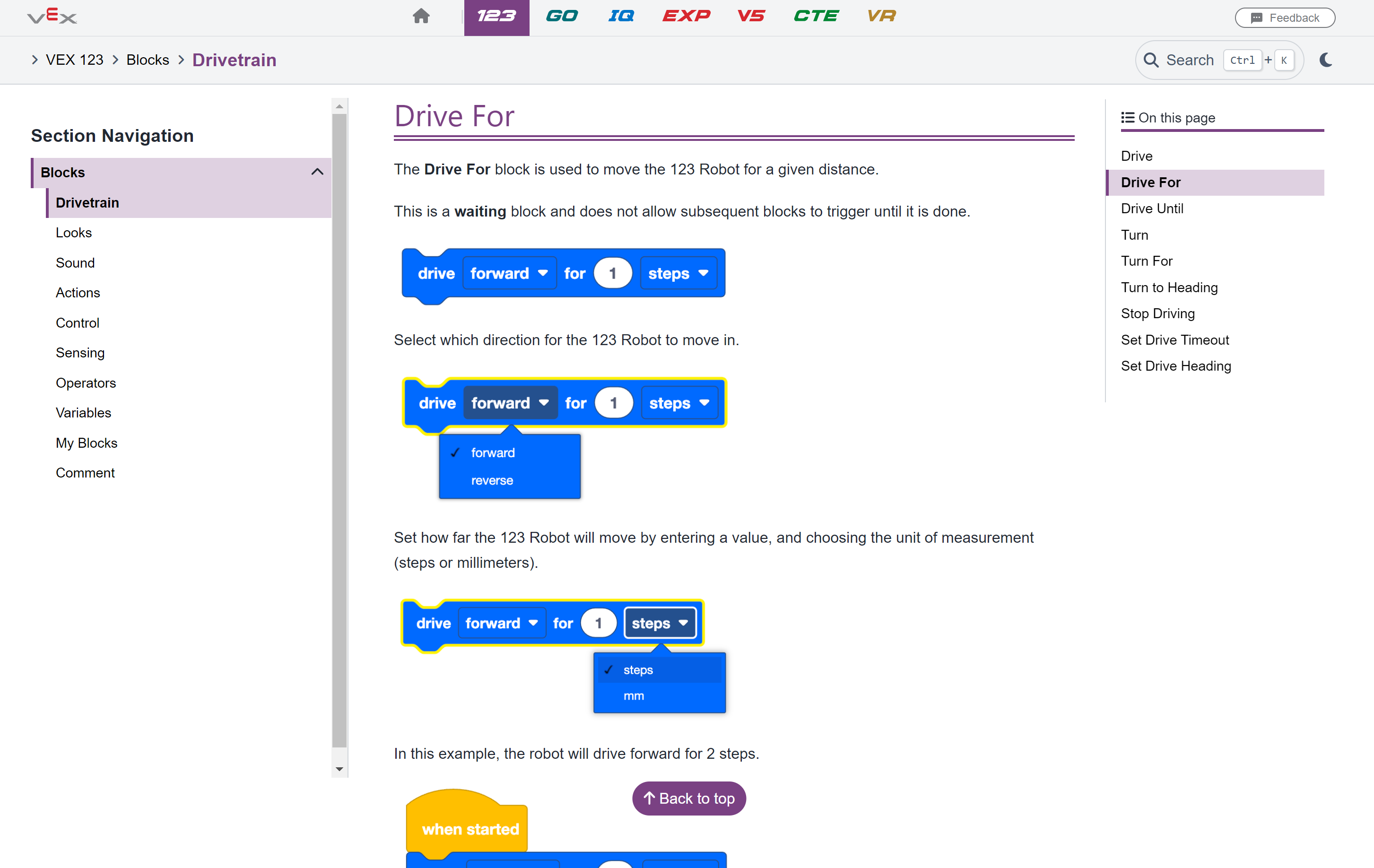 Halaman Dokumentasi API VEXcode 123 untuk blok Drive For. Halaman API mencakup penjelasan, fitur, dan contoh proyek untuk setiap blok VEXcode 123.